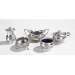 Indian silver cruet set, to include a pepper, mustard and salt, together with an English silver salt