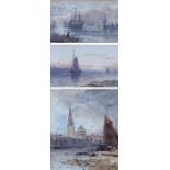 John Sayer (1815-1885) River near a Cathedral, watercolour, 13cm x 15cm, together with two by H.R.