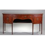 George III mahogany and stained wood banded sideboard, the bow fronted top with satin wood cross