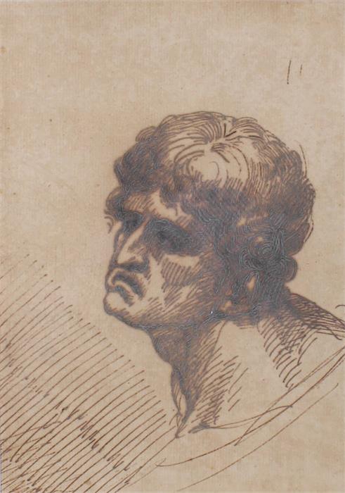 Attributed to George Romney 1734-1802. Study of a male head in pen and ink, on the reverse in pencil