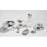 Collection of silver, various dates and makers, to include a capstan inkwell, a glass bottle, a