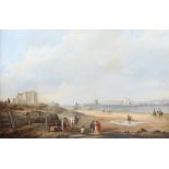 Mid 19th Century English school, Coastal scene with figures, oil on board, 40cm x 26cm