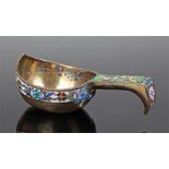 Russian Silver and enamel kovsh, the arched handle with a deep silver and gilt and enamel bowl,