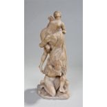 18th Century carved alabaster group, Rape of the Sabine, a cloaked figure holding a nude female