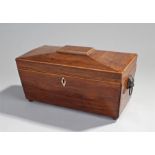 Victorian rosewood tea caddy, the boxwood inlaid top enclosing three compartments flanked by lion