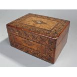 Victorian walnut jewellery box, the inlaid box with geometric design enclosing a tray above
