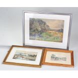 J Nicol watercolour of a canal with a viaduct signed bottom left. A rural scene with cows, and