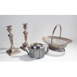 Silver plated basket, with swing handle and pierced surround, together with a pair of silver