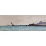 John Macpherson (fl.1865-1884) Coastal landscape with ships, signed watercolour, 39cm x 14cm