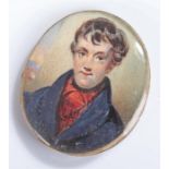 19th Century British school, a miniature of a gentleman with blue jacket, 47mm high