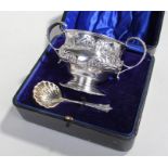 Edward VII silver twin handled cased porringer and sifter spoon, Chester 1908 &1909, maker Barker