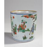 Chinese Wucai porcelain brush pot, with dual bands to the top and base, a figural scene to the