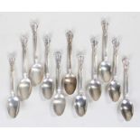 Set of eleven Ryrie Sterling silver teaspoons, patented 1895, with C scroll handles, total weight