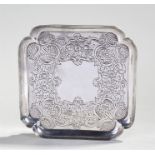 19th Century silver card tray, marks rubbed, with foliate and C scroll decoration, 7oz
