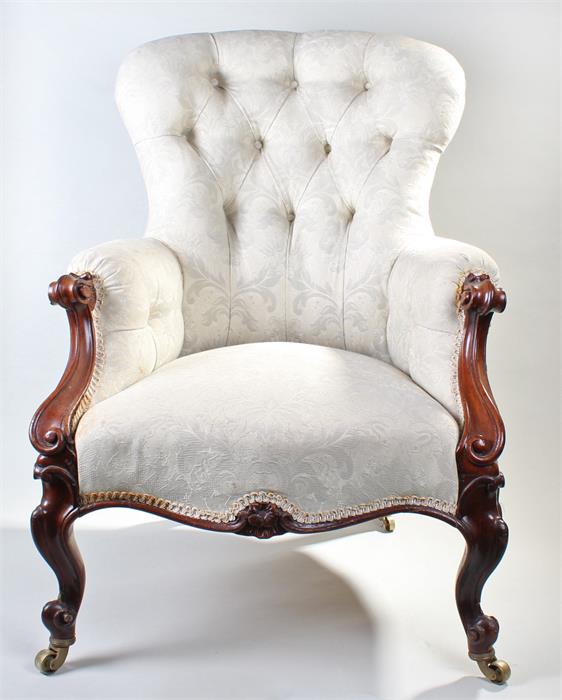 Victorian mahogany button back armchair, the arched button back and scroll capped arms above the - Image 2 of 2
