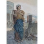 19th Century school, a classical scene with a lady holding a vessel, unsigned watercolour, 29cm x