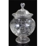 Large glass punch bowl and lid, decorated with classical figures within oval borders, long fluted