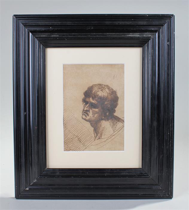 Attributed to George Romney 1734-1802. Study of a male head in pen and ink, on the reverse in pencil - Image 2 of 2