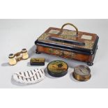 Mixed works of art, to include two papier mache snuff boxes, opera glasses, a bead bag, compass