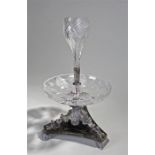 Victorian table centre piece, the cut glass vase attached to a silver plated collar above a broad