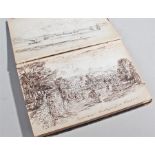 Victorian pen and ink sketch pad, the bound book with figures in lanes, shipping scene, buildings,