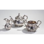 Silver plated three piece tea service, maker Martin, Hall & Co, to include a teapot, sugar bowl