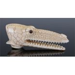 Edwardian ivory crocodile head walking stick handle, the long mouth with scaled skin, glass eyes,