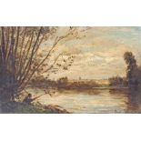 Emile Lombard, Fishing by a river, signed oil on canvas, 29cm x 18cm