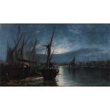 Attributed to John Moore of Ipswich (1820-1902) Moonlit shipping, oil on canvas, 60cm x 34cm