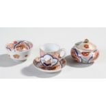 Japanese miniature Fukagawa porcelain miniature trio set, each with a gilt bird and geometric