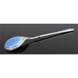 Silver and guilloche enamel spoon, the tapering spoon stem with acorn top, a shallow bowl with