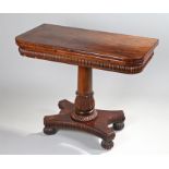 Fine William IV rosewood card table, in the manner of Gillows, the fold over rectangular top above a