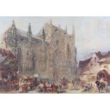 19th Century, Cathedral with figures in a market in the foreground, monogram bottom right, 49cm x