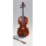 Violin and bow, the violin with "tiger" wood back, case and bow