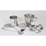 Silver objects, various dates and makers, to include two mugs, a ladle and two napkin rings, total