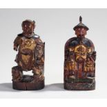 Pair of early 20th Century Chinese carved figures, the first figure seated on a chair decorated in