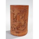 Chinese carved bamboo brush pot, probably 18th Century, carved with a boating scene and a figure