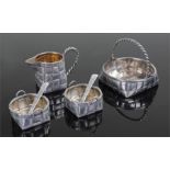 19th Century Russian silver basket weave design cruet set, to include a basket, jug ,two salts and