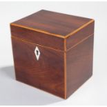 George III mahogany and boxwood banded tea caddy, the rectangular body with ivory escutcheon,