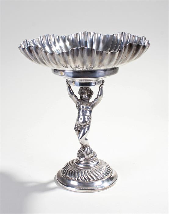 French white metal table centrepiece, the shaped bowl with gadrooned centre above a figure of a - Image 2 of 2