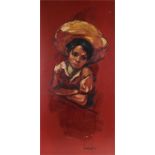 Brian Leighton Jones, a boy with red ground, signed oil on board, 45cm x 92cm