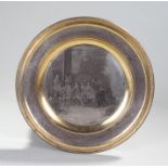 Silver plated and gilt dish, After David Teniers, L'enfant Prodigue D.A.P. Teniers B.L.G.A. 31cm