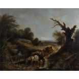 Robert Cleminson (1844-1903) Wagon and horses heading over a bridge, large signed oil on canvas,