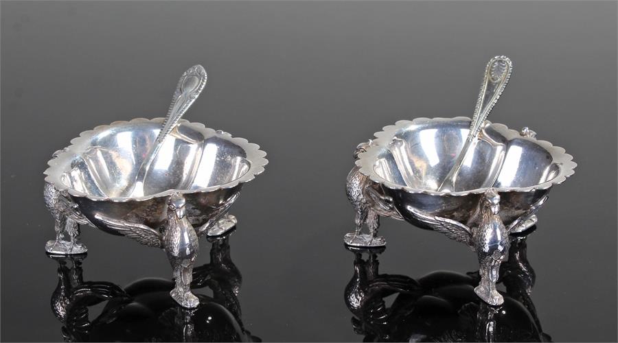 Pair of silver plated salts, each with a shaped bowl and eagle shaped leg, kite marks to each eagle,