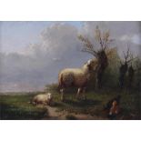 19th Century British school, sheep and chickens on a path, unsigned oil on board, 26cm x 18cm