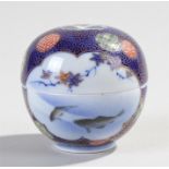 Japanese miniature Fukagawa porcelain miniature pot and cover, decorated with reeds, flowers,