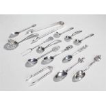 Silver flatware, various dates and makers, to include sugar tongs, mustard spoons, sifter spoon,
