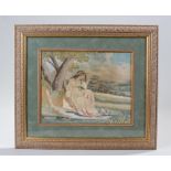 Regency silk and wool work picture, of a lady seated with her dog by a tree and pond, 25cm x 19cm