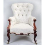 Victorian mahogany button back armchair, the arched button back and scroll capped arms above the