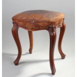 Victorian mahogany stool, the serpentine pad top above high slender cabriole legs, 36cm wide, 47cm